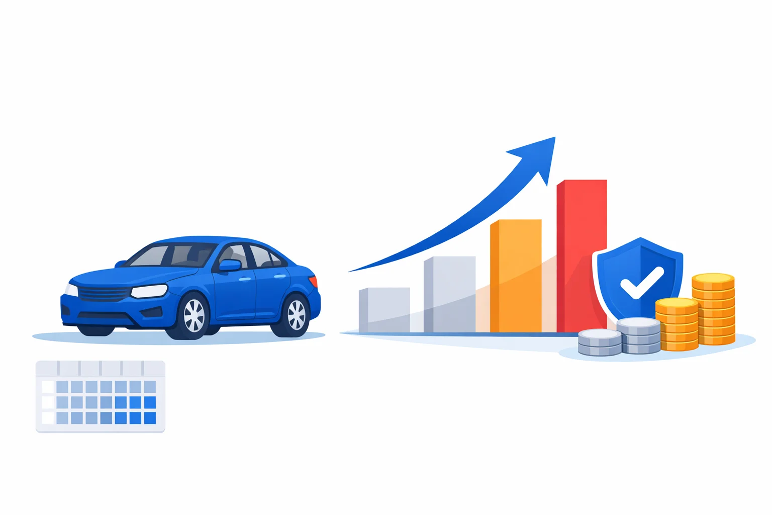 Accident insurance increase illustration: a car beside a rising three-year bar chart of premium costs and a claim shield