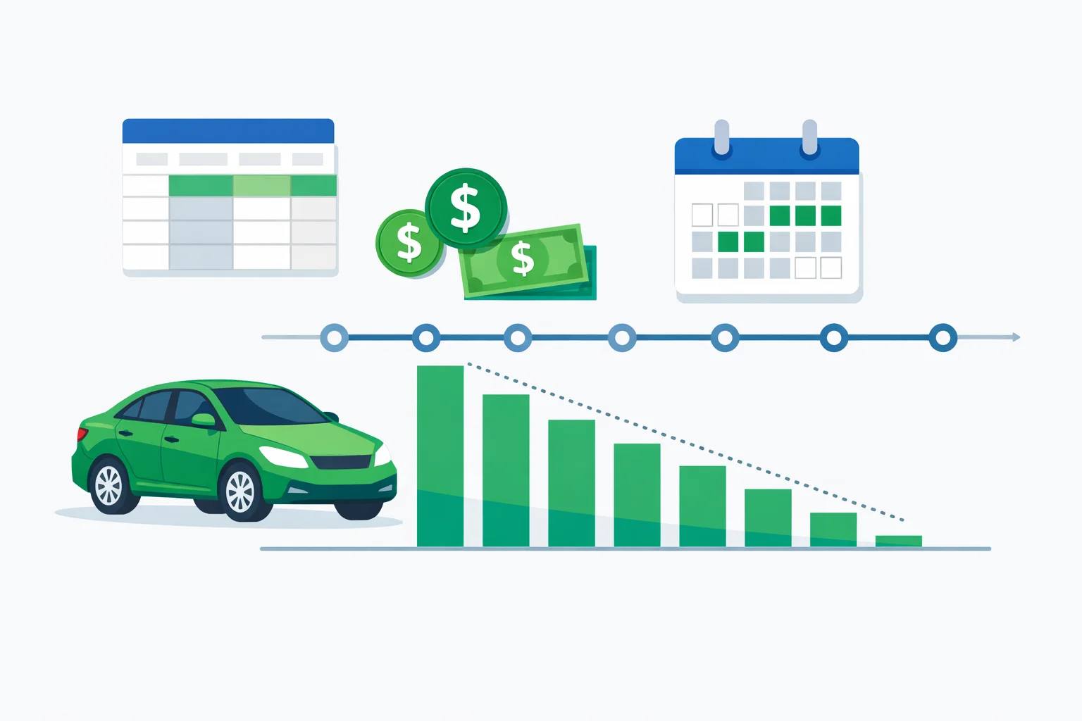 Auto loan amortization schedule illustration showing a car payment timeline with principal and interest breakdown chart