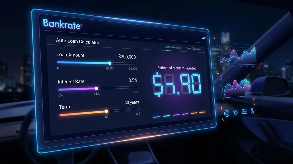 Bankrate Auto Loan Calculator Interface showing monthly payments and amortization schedule