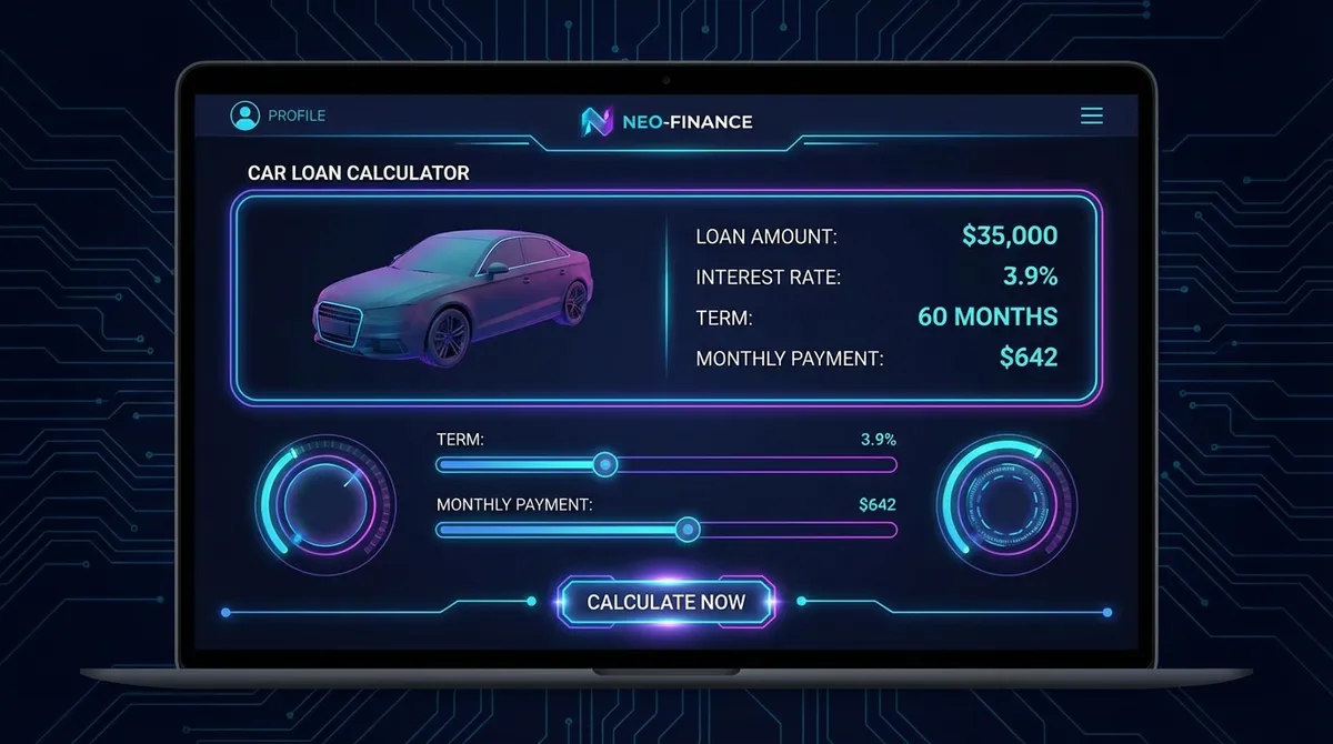 Futuristic car dashboard interface displaying loan analytics and interest rate curves