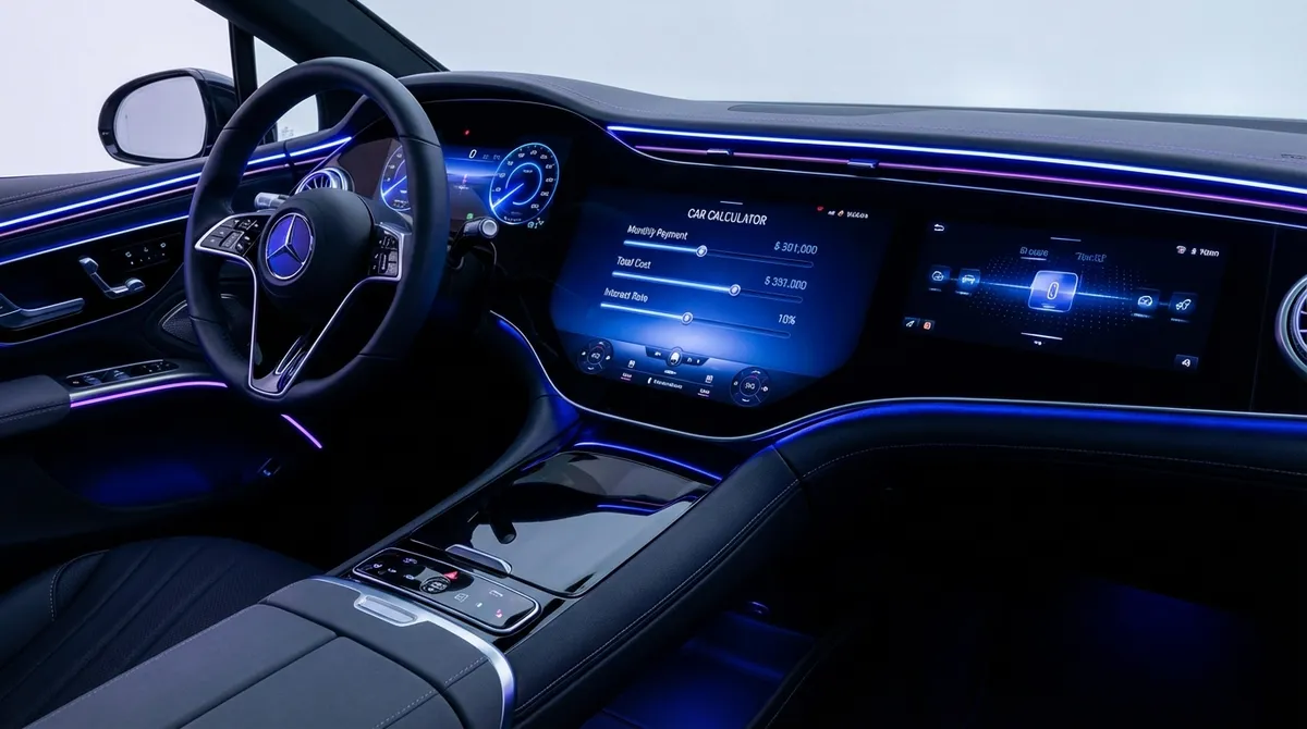 Sleek modern car calculator interface showing monthly payments and interest rates