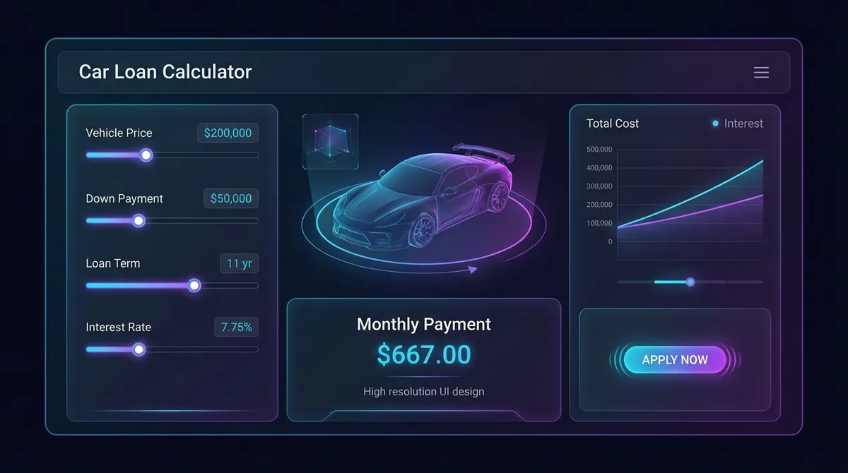 Car Loan Calculator interface with monthly payment estimation