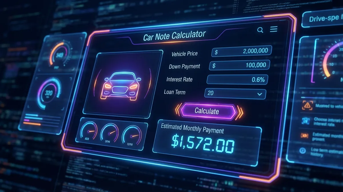 Modern car note calculator dashboard showing monthly payment analytics and interest breakdown