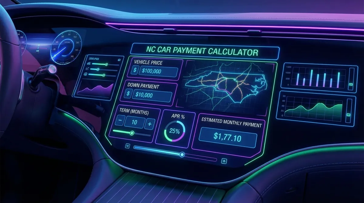 North Carolina Car Payment Calculator Dashboard showing HUT and monthly payments