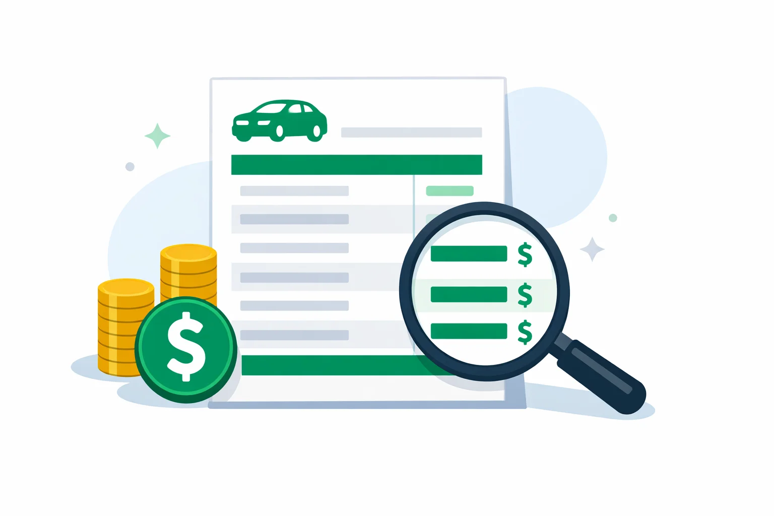 Car dealer fee calculator showing a sales worksheet with doc, destination, and add-on fees beside a car and dollar icons