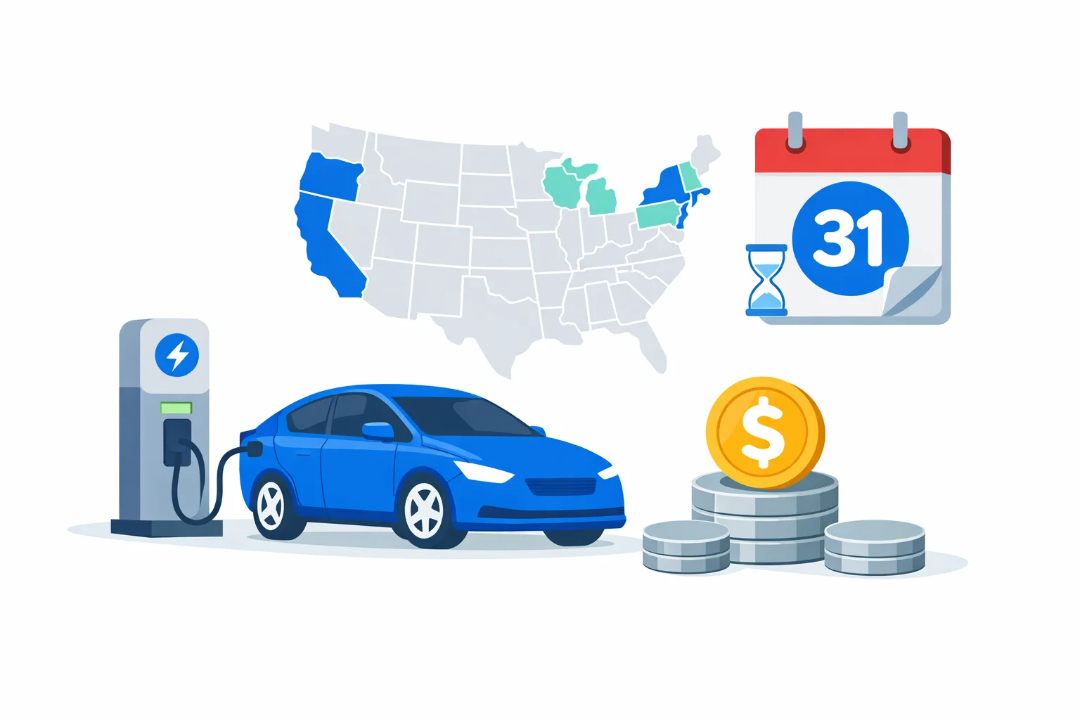 EV tax credit calculator illustration with an electric car charging, a US state rebate map, and a deadline calendar