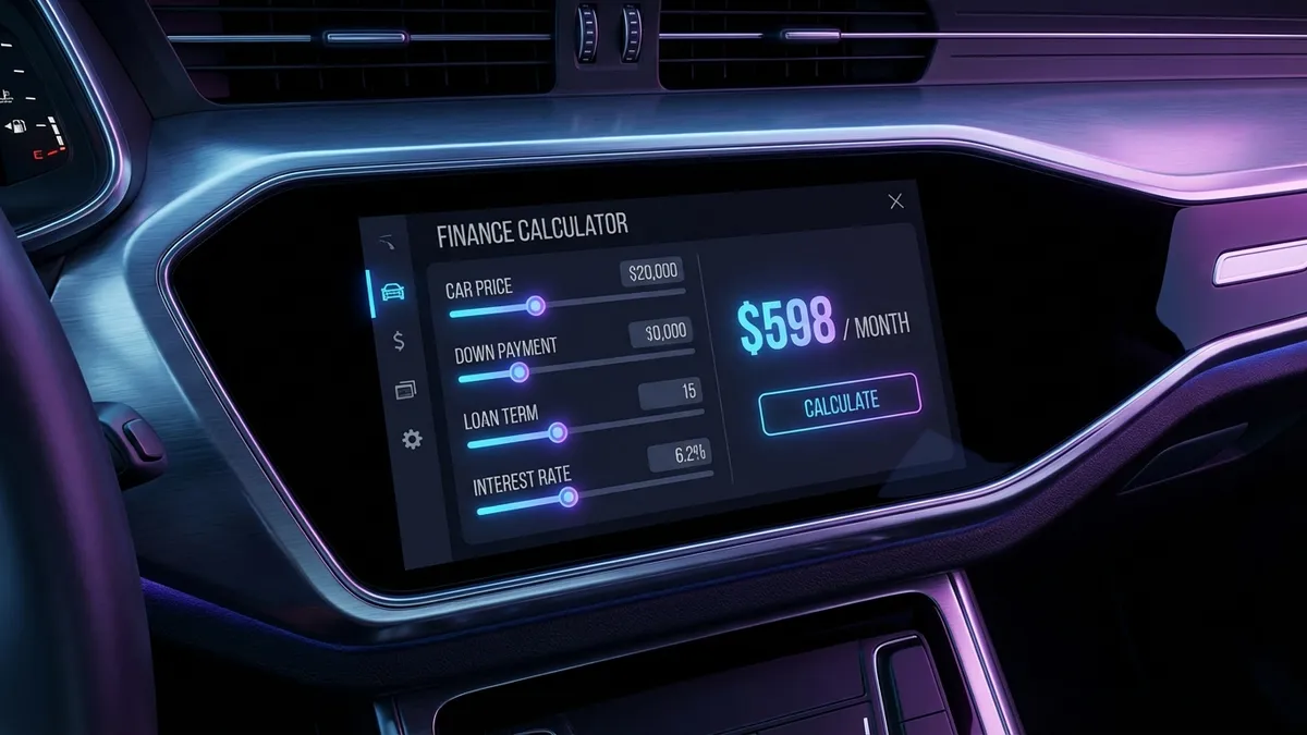 Modern car finance calculator dashboard showing monthly payment breakdown and interest rates