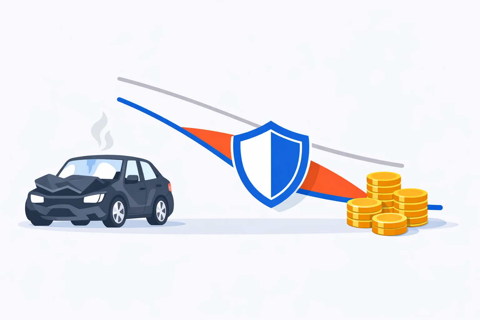 Gap insurance calculator illustration: totaled car, loan balance above a falling car value curve