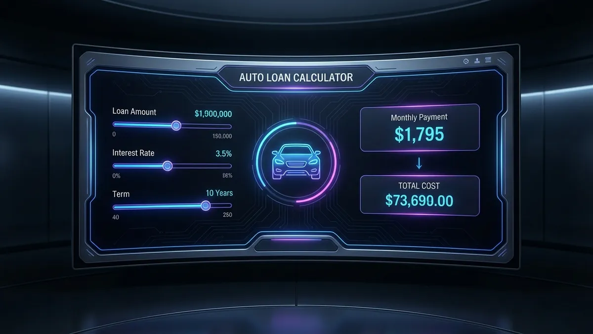 Modern dashboard interface showing auto loan analytics, interest rate curves, and monthly payment breakdown