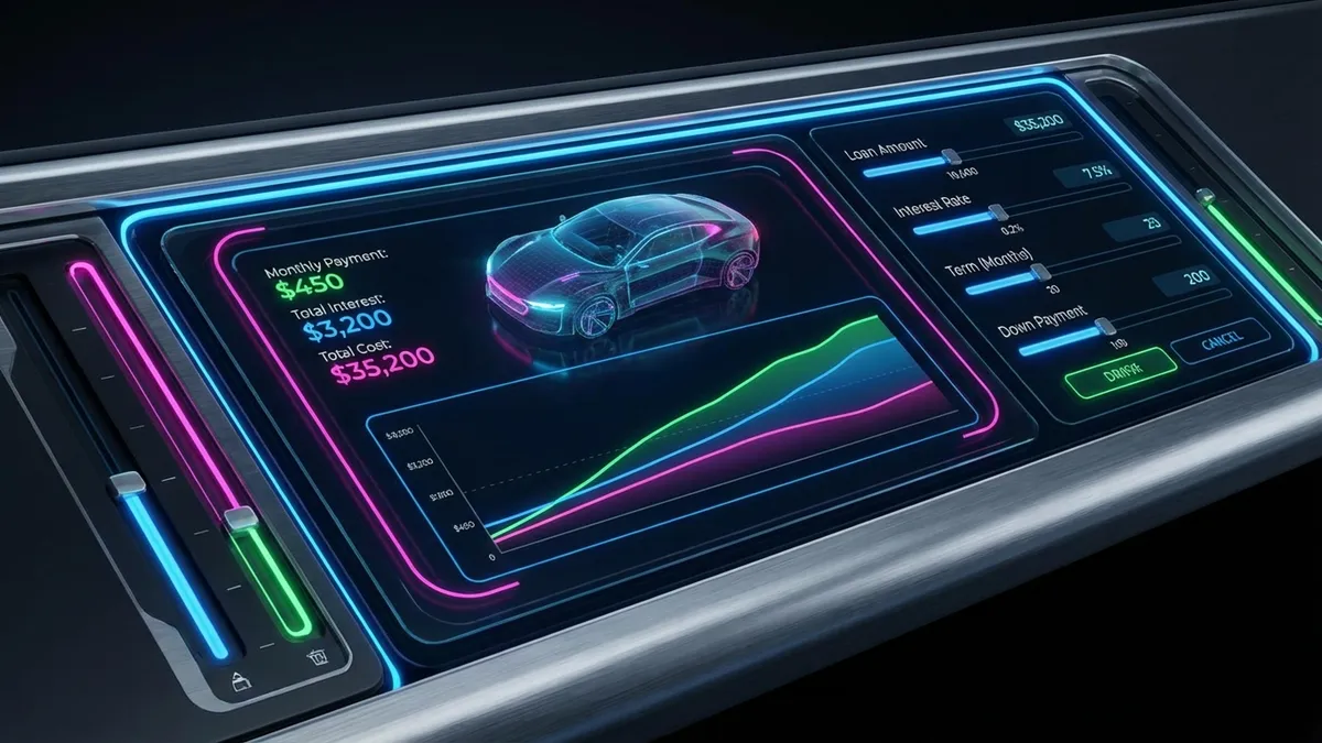 Futuristic car loan calculator interface showing monthly payments and interest rates