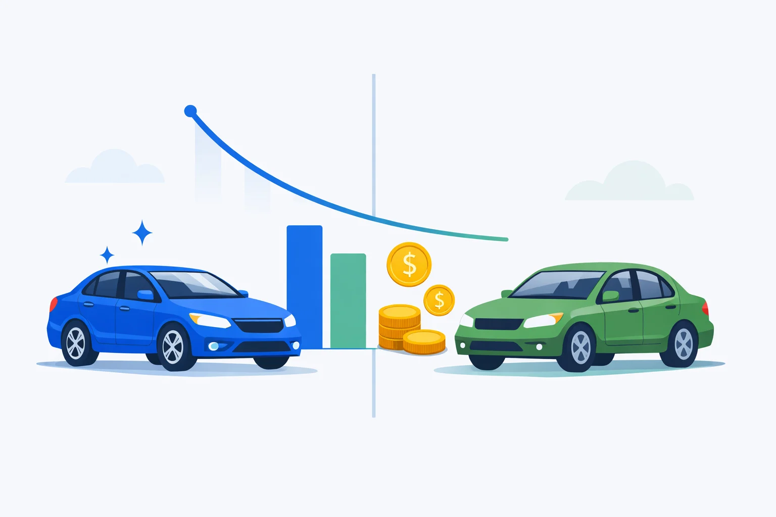 New vs used car cost comparison: a new blue car and older green car with a depreciation curve and cost bars