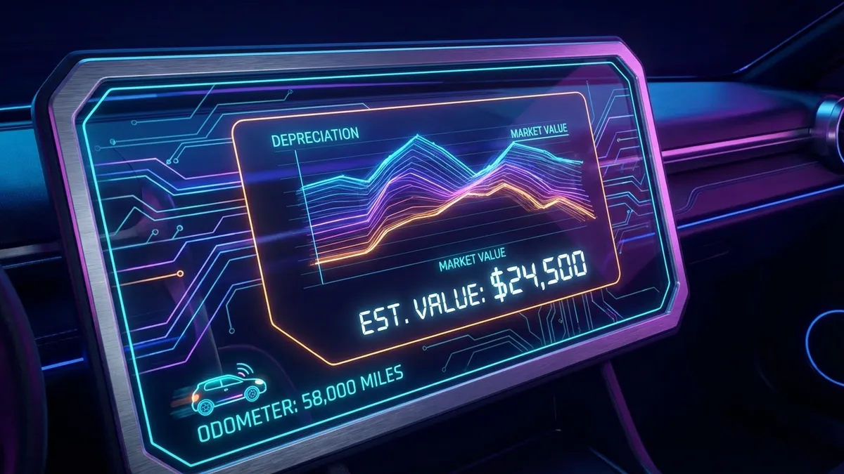 Futuristic used car value estimator interface showing depreciation curves and market value