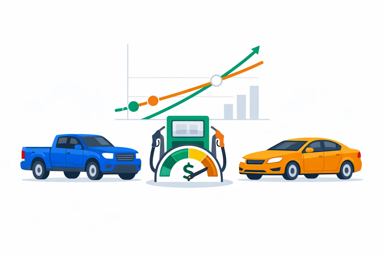 Diesel vs gas cost comparison illustration showing a diesel pickup and a gas car with a fuel pump, dollar-per-mile gauge, and break-even chart