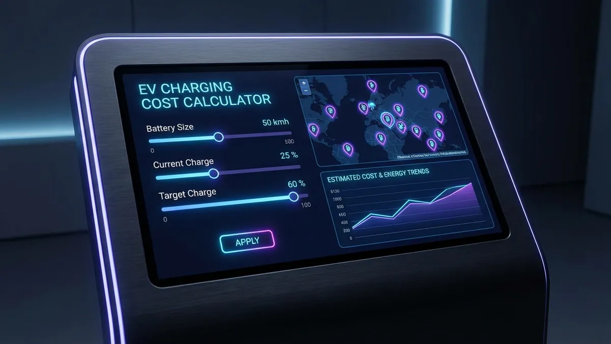Sleek EV charging cost calculator interface, charging station data visualization, dark mode, neon accents