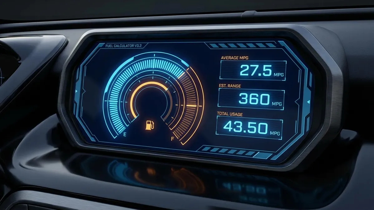 Modern fuel calculator interface, fuel gauge and consumption metrics, futuristic style
