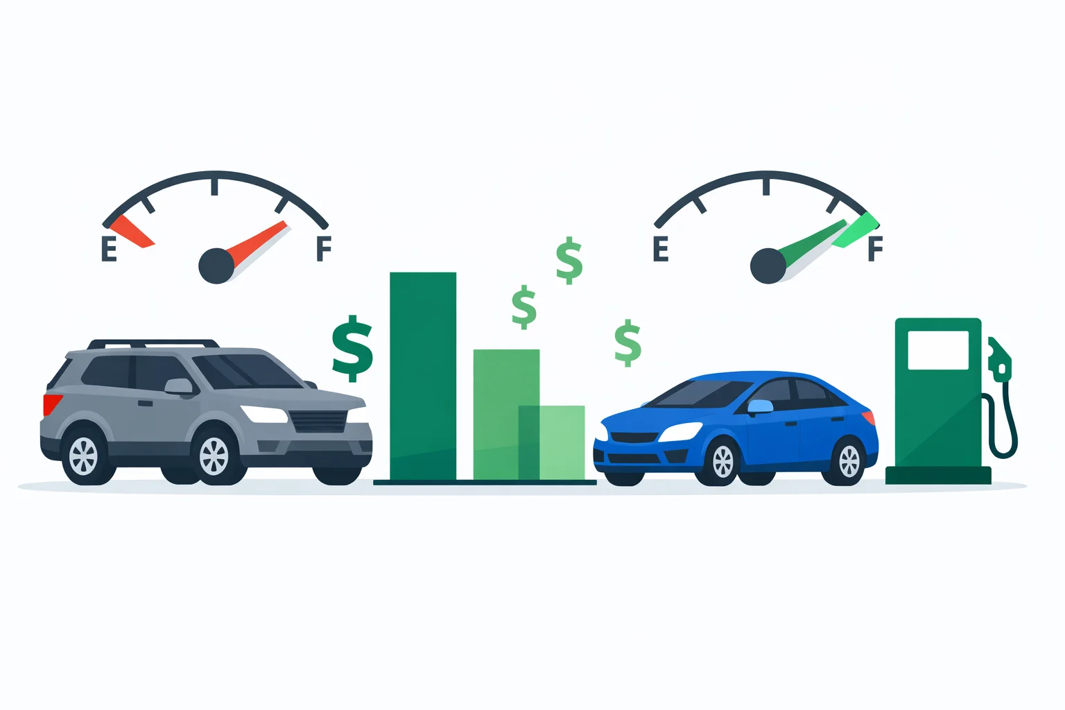 Fuel savings calculator illustration showing two cars side by side with MPG comparison gauges and dollar signs