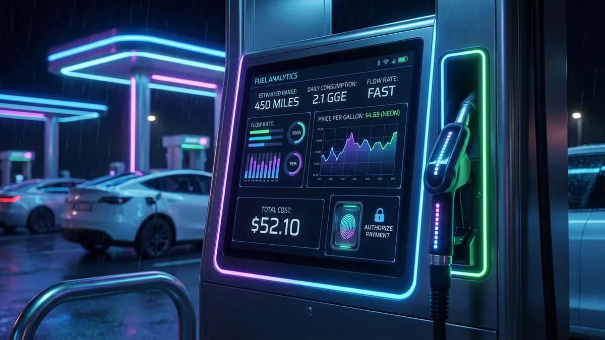 Futuristic gas calculator interface, pump metrics and price analysis, dark mode, neon accents