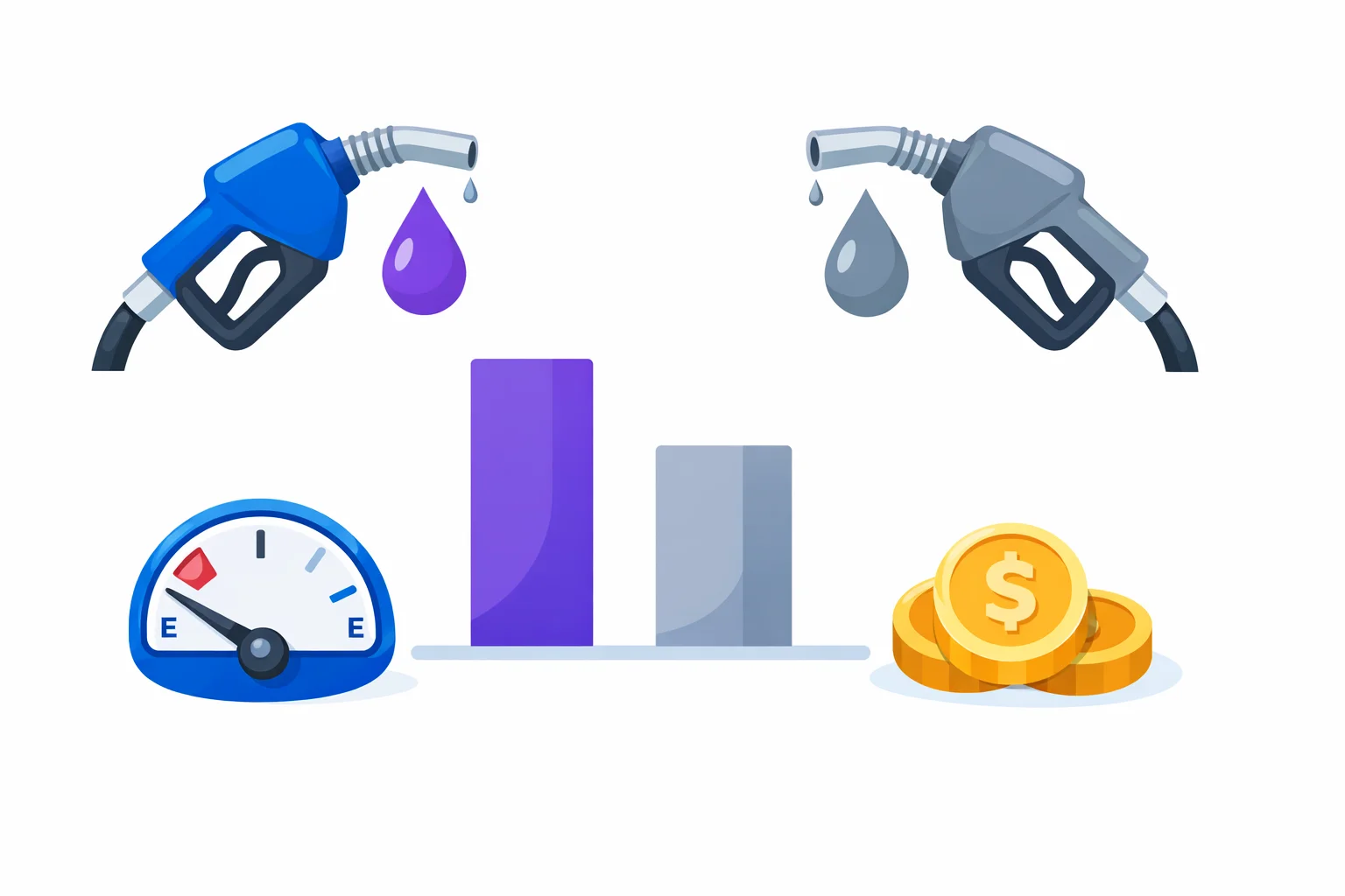 Premium vs regular gas cost comparison showing two fuel pump nozzles, a cost-per-mile bar chart, and a fuel gauge