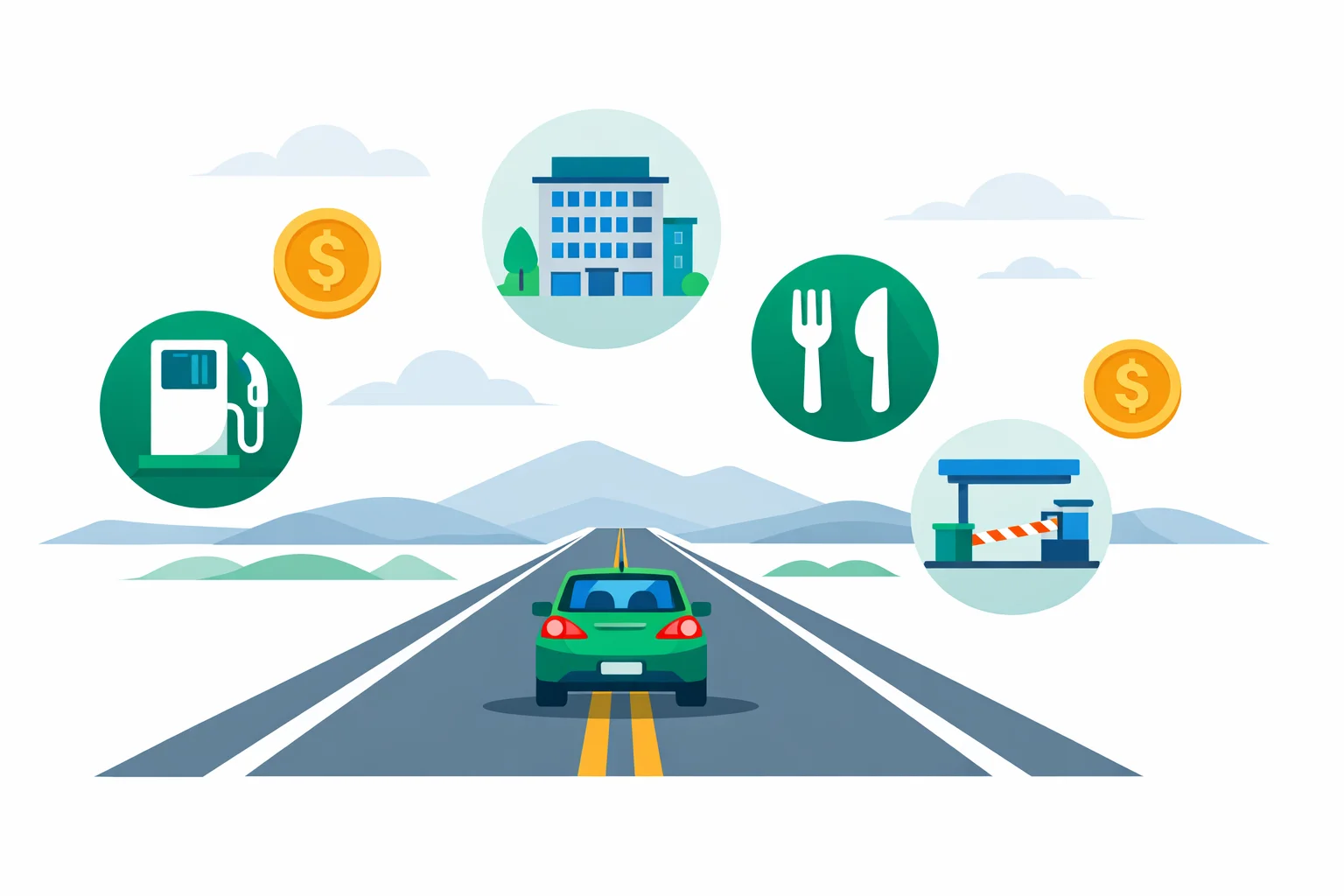 Road trip cost calculator showing a highway, fuel pump, hotel, and food budget icons