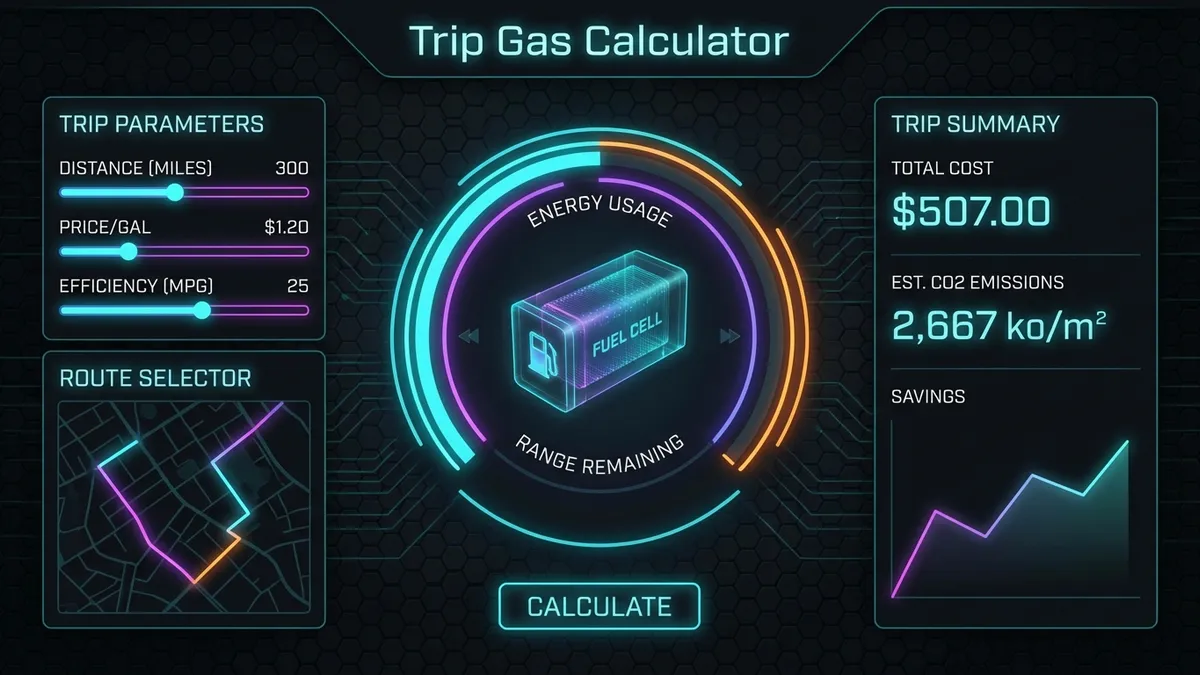 Trip Gas Calculator interface showing fuel cost estimation and route planning