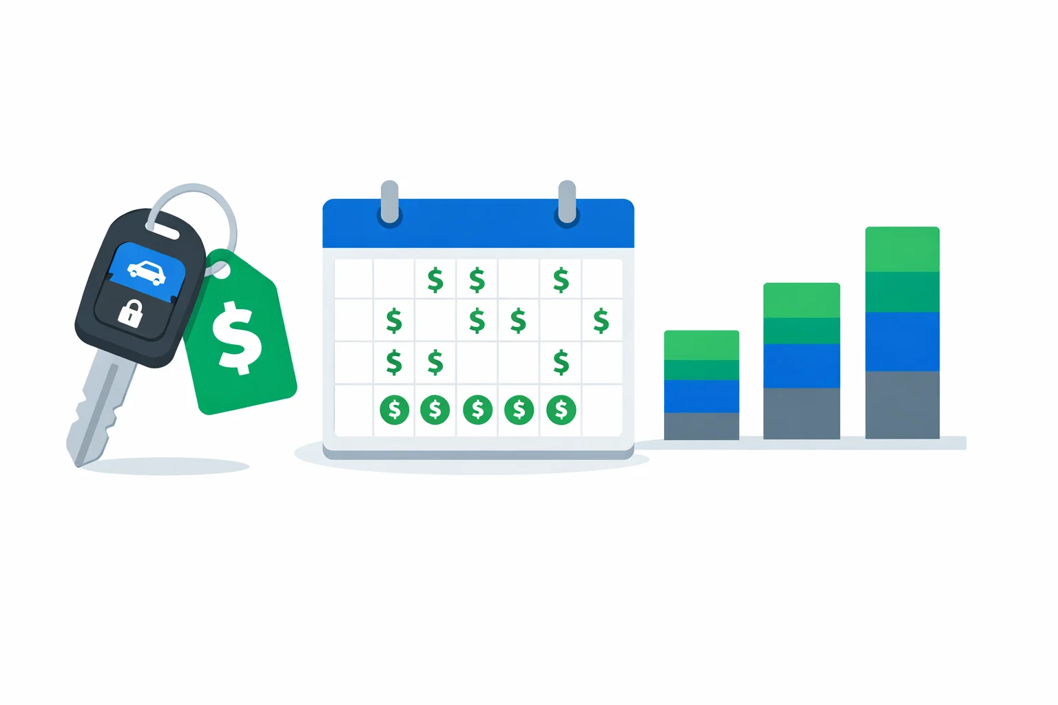 Car lease payment calculator illustration showing monthly payment breakdown with depreciation, finance charge, and tax components