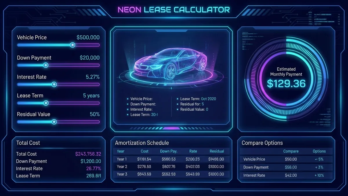 Futuristic car lease calculator interface showing depreciation curves and monthly payment breakdown