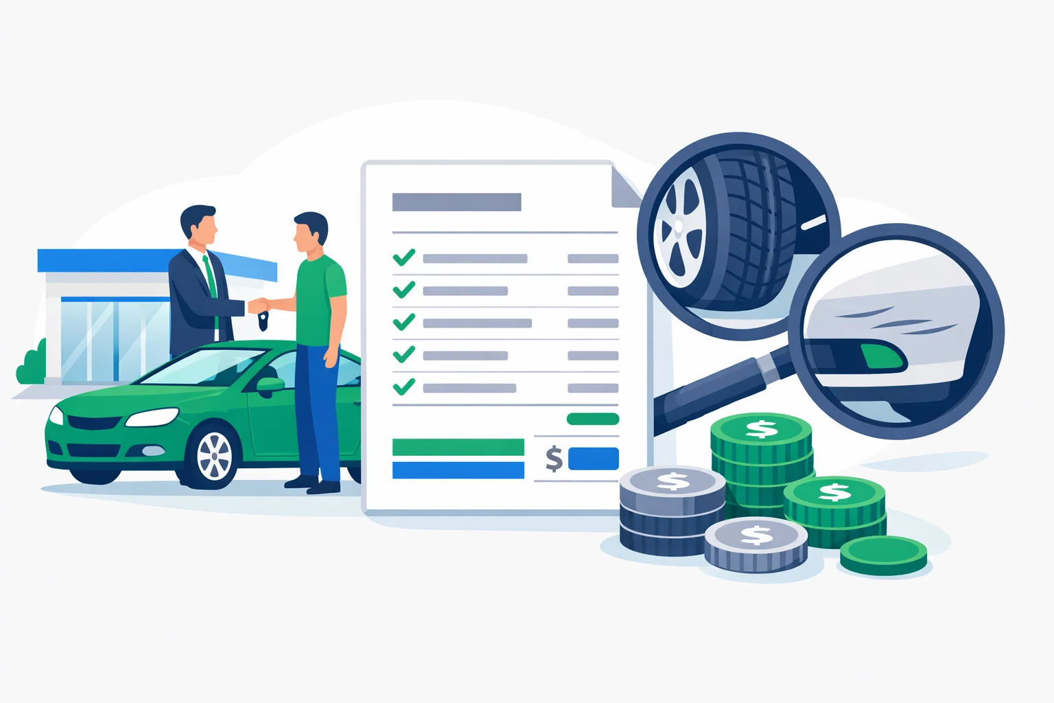 Lease disposition fee calculator illustration with a returned car, itemized turn-in bill, and inspection checklist