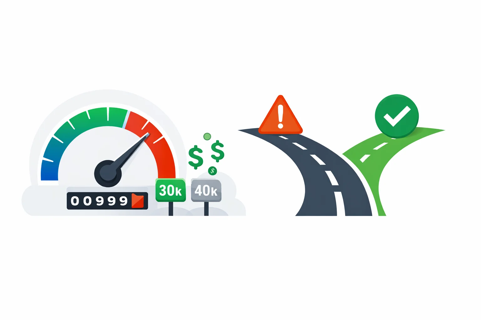 Lease mileage calculator illustration showing a car odometer, excess miles warning, and dollar penalty breakdown