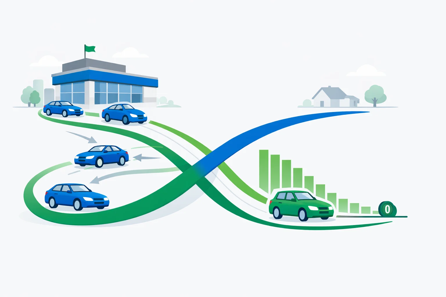 Lease vs finance calculator illustration showing two car paths diverging — one with recurring lease payments and one with a financed car and growing equity