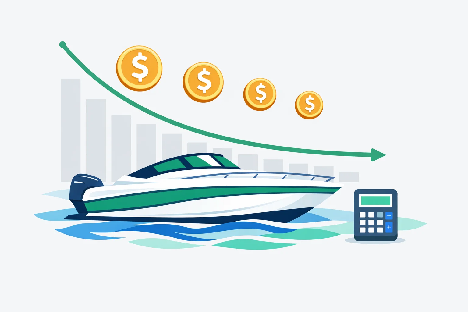 Boat depreciation calculator illustration showing a motorboat with a declining value curve and dollar symbols over five years