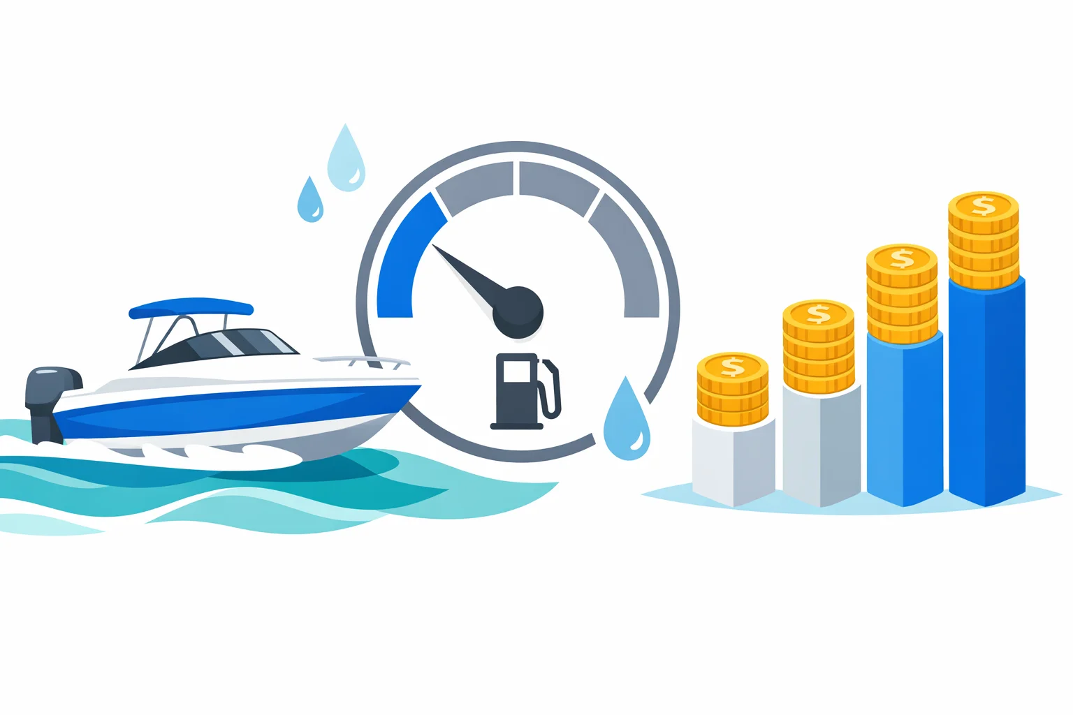 Boat fuel cost calculator illustration: a motorboat on water beside a fuel gauge and a rising bar chart of coins