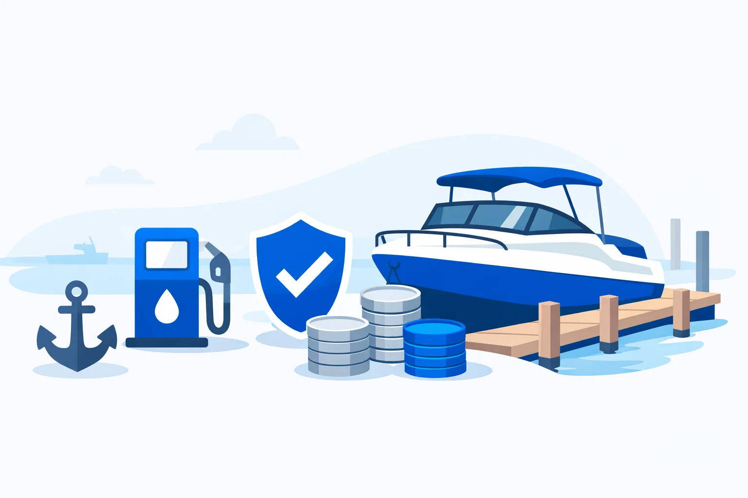 Boat ownership cost calculator illustration showing a motorboat at a marina dock with dollar, anchor and fuel icons