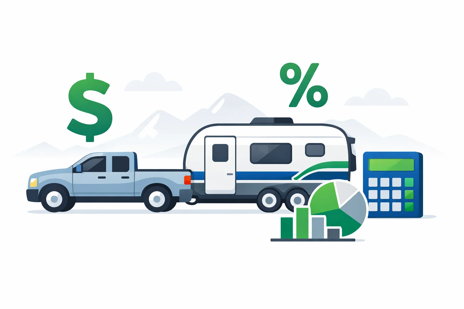 Camper financing calculator illustration showing a travel trailer being towed behind a pickup truck with a cost breakdown, payment chart, and calculator
