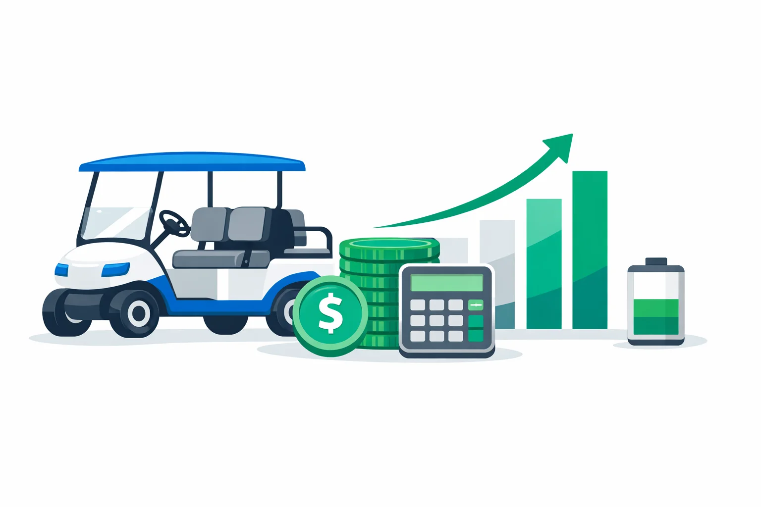 Golf cart loan calculator illustration showing a blue four-passenger cart with coins, a calculator, and a payment chart