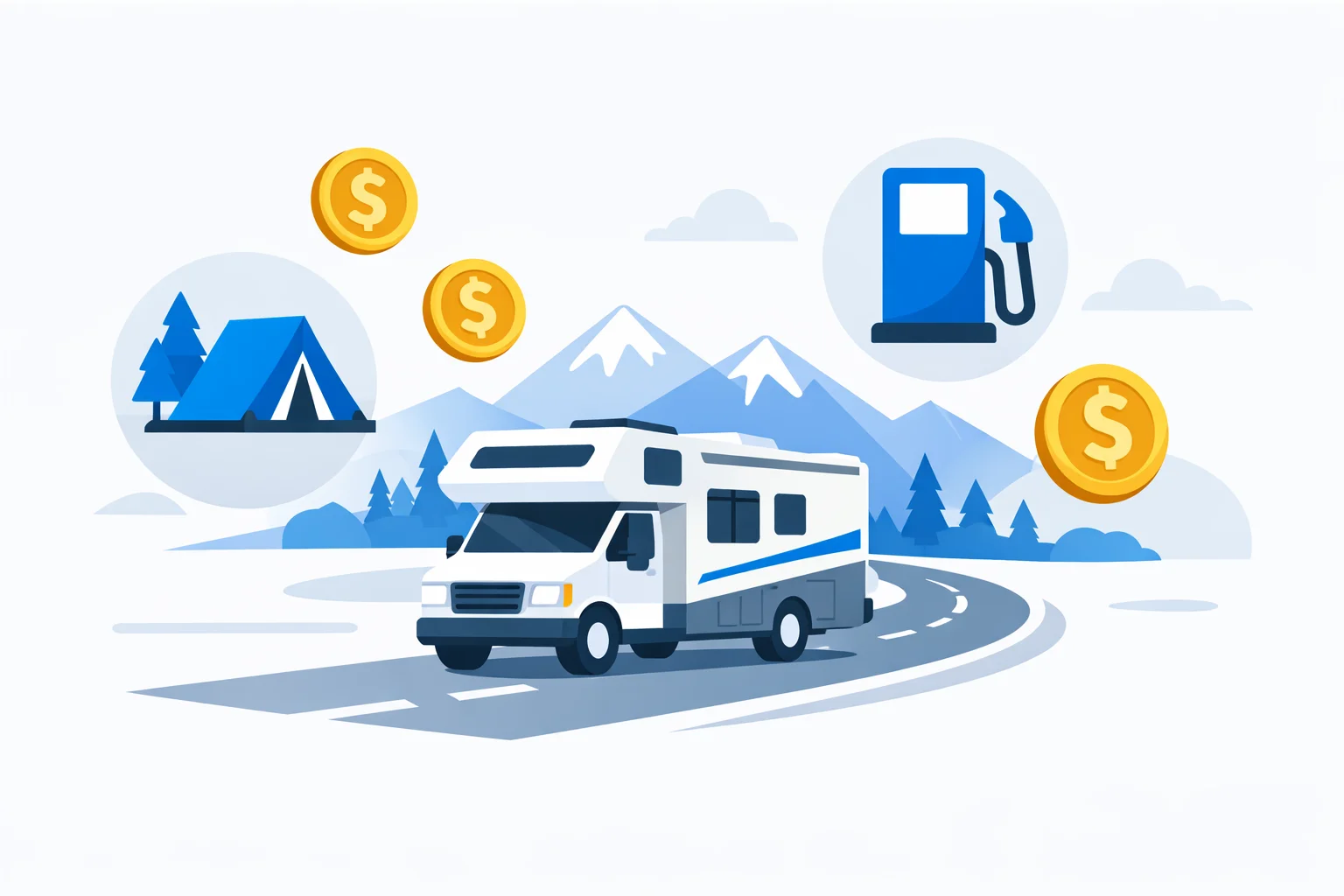 RV trip cost calculator illustration showing a Class C motorhome on a highway with fuel, campground and dollar icons