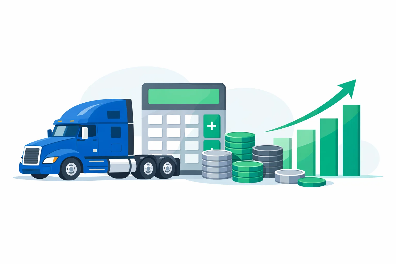 Semi truck loan calculator illustration showing a blue semi tractor beside a payment chart and dollar symbols