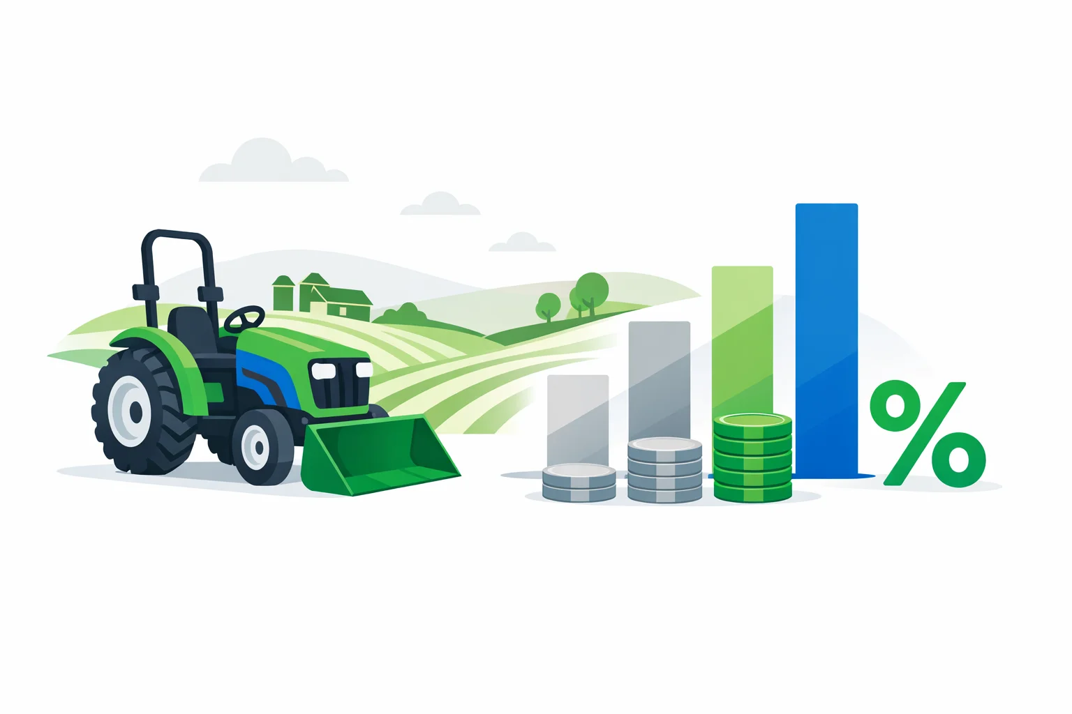 Tractor loan calculator illustration with a compact utility tractor, farm field, payment bars, and coin stacks