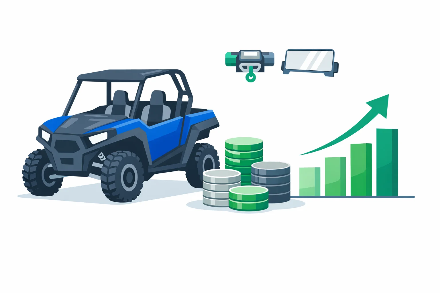 UTV loan calculator illustration with a blue side-by-side, stacked coins, a payment chart, and winch and windshield icons
