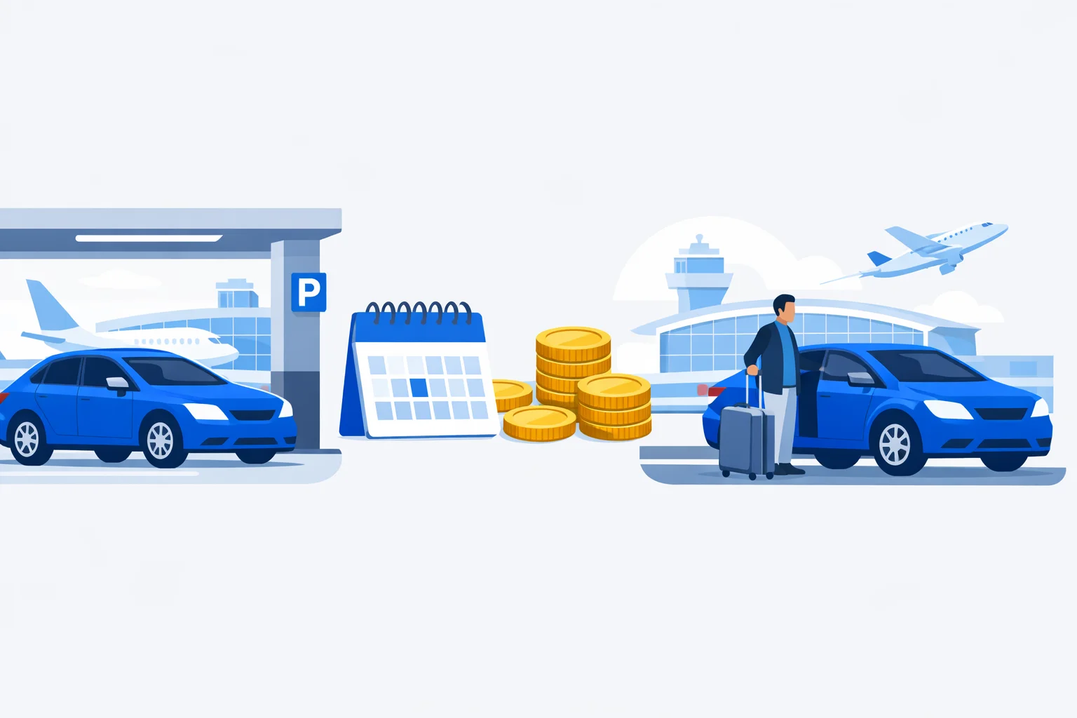 Airport ride vs parking cost calculator illustration with parked car, airport pickup, calendar and coins