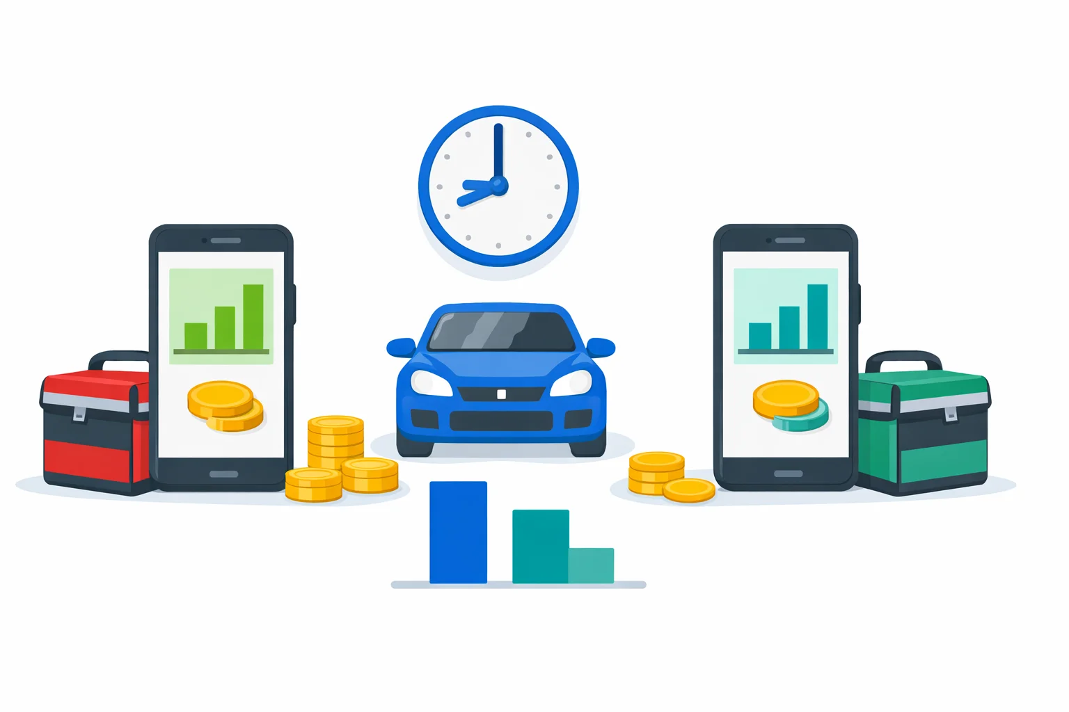 DoorDash vs Uber Eats pay comparison with delivery bags, phones, coins, a blue car and clock