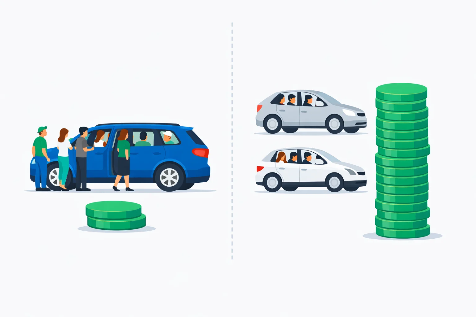 Group ride cost calculator illustration comparing one large SUV for six passengers against two smaller rideshare cars