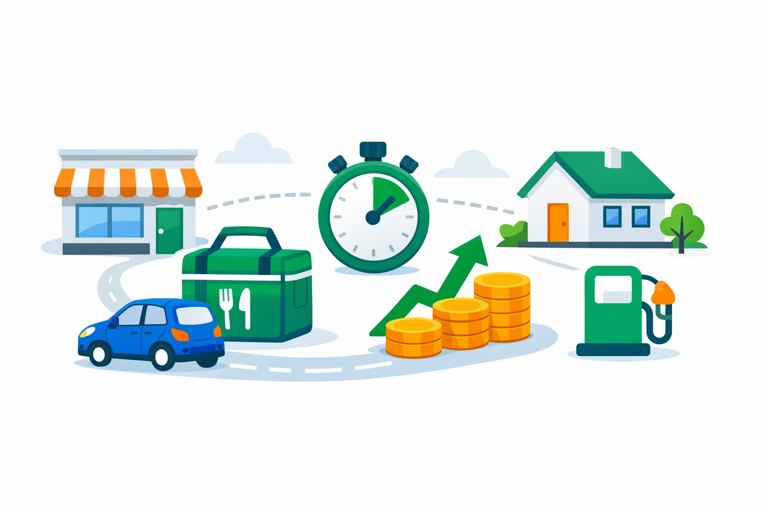 Grubhub driver pay illustration showing a delivery route from restaurant to house with a stopwatch, coin stacks and fuel pump