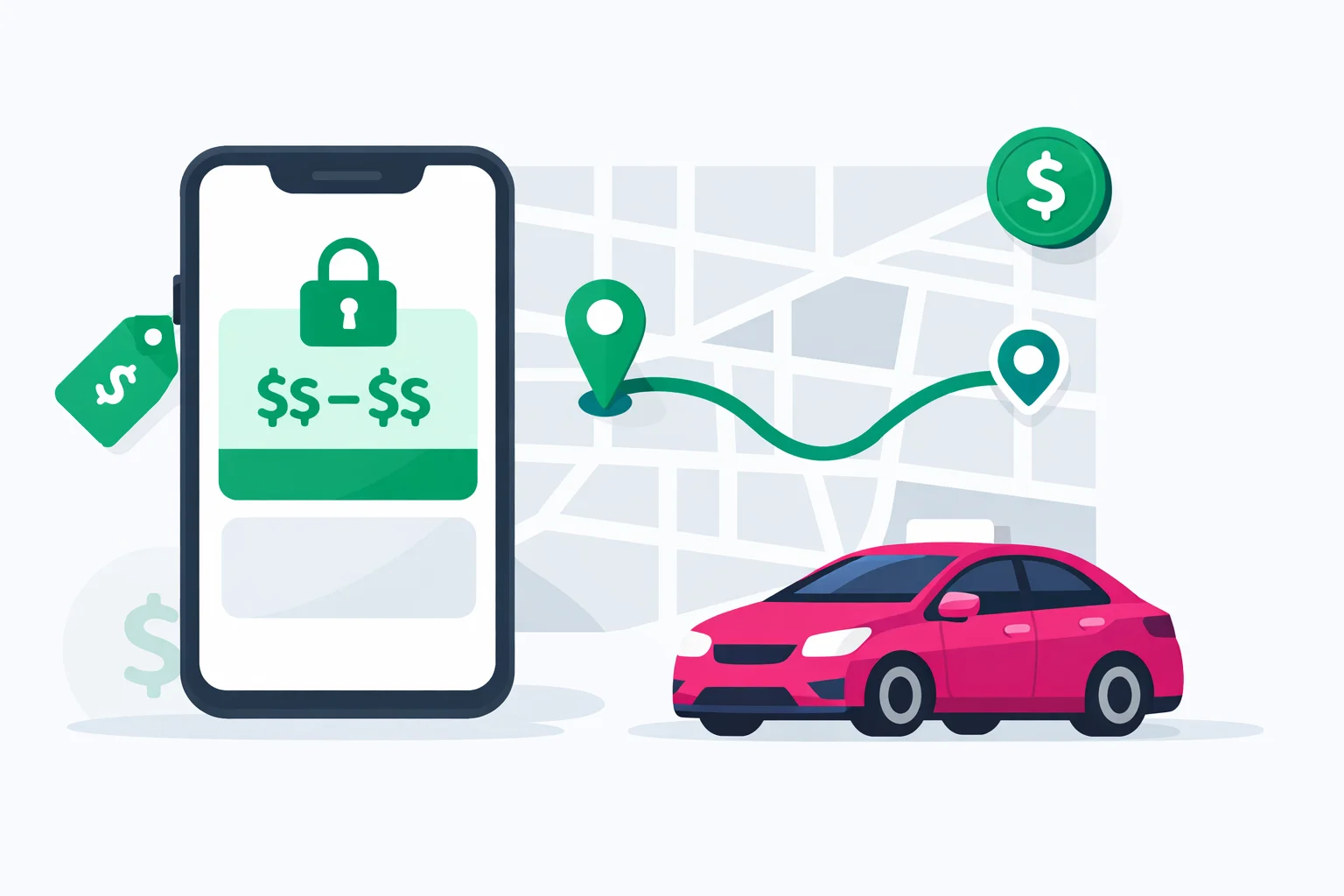 Lyft price estimate shown as a phone with a locked fare range, a route map, and a pink ride-share car