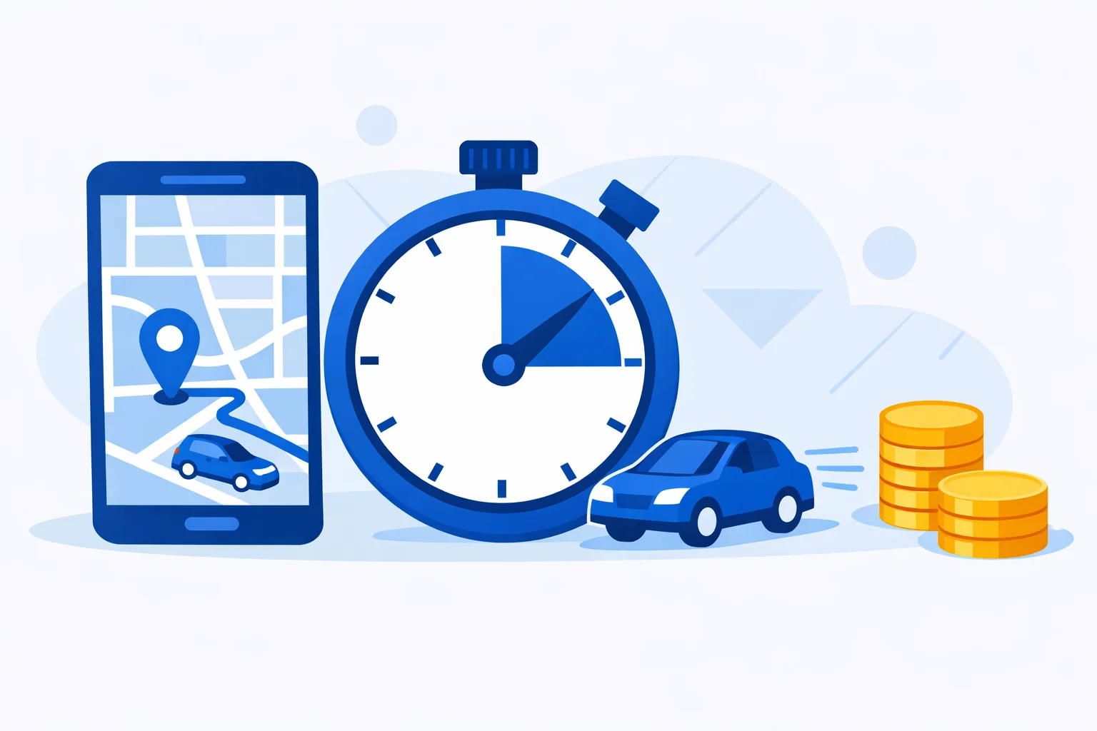 Rideshare cancellation fee calculator illustration with a pickup map, countdown stopwatch, departing car, and coins