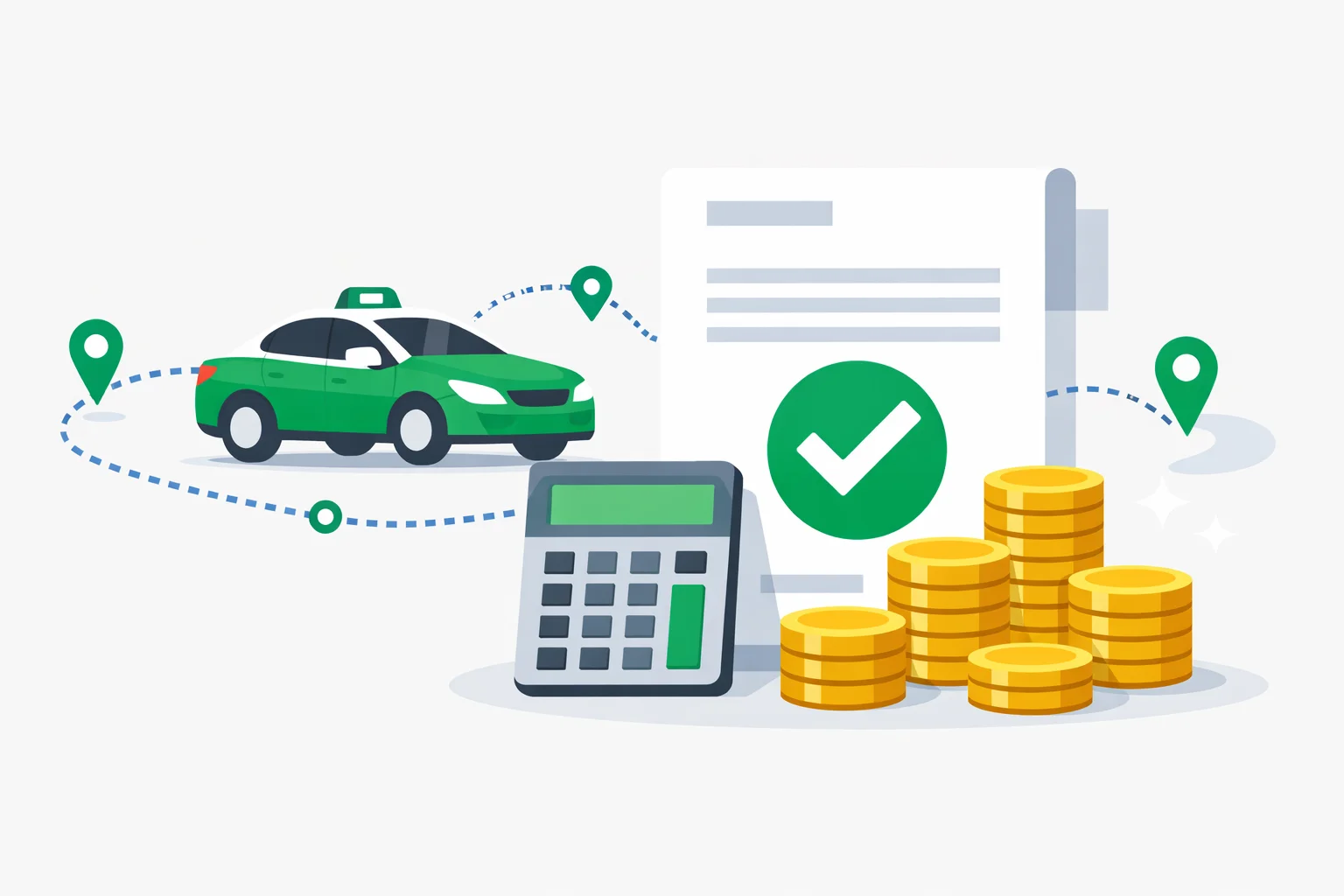 Rideshare mileage deduction calculator illustration showing a car on a highlighted route, a tax form, and stacked coins