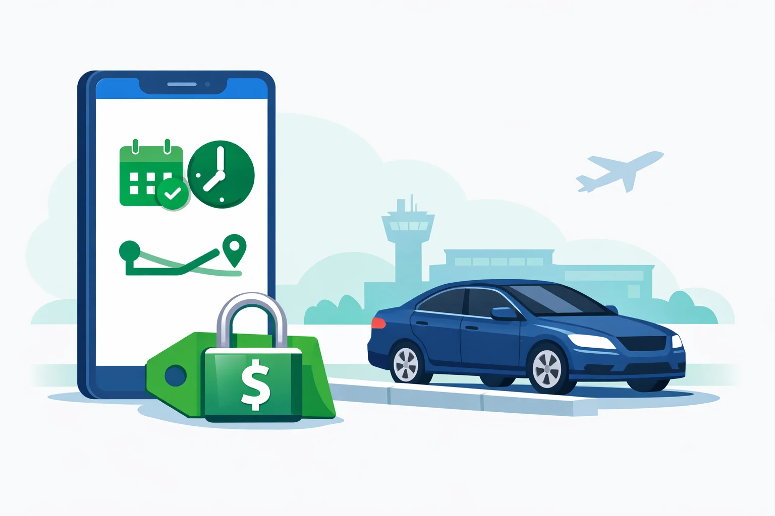 Scheduled Uber fare calculator illustration with a booked ride on a phone, a locked price tag, and a car at an airport