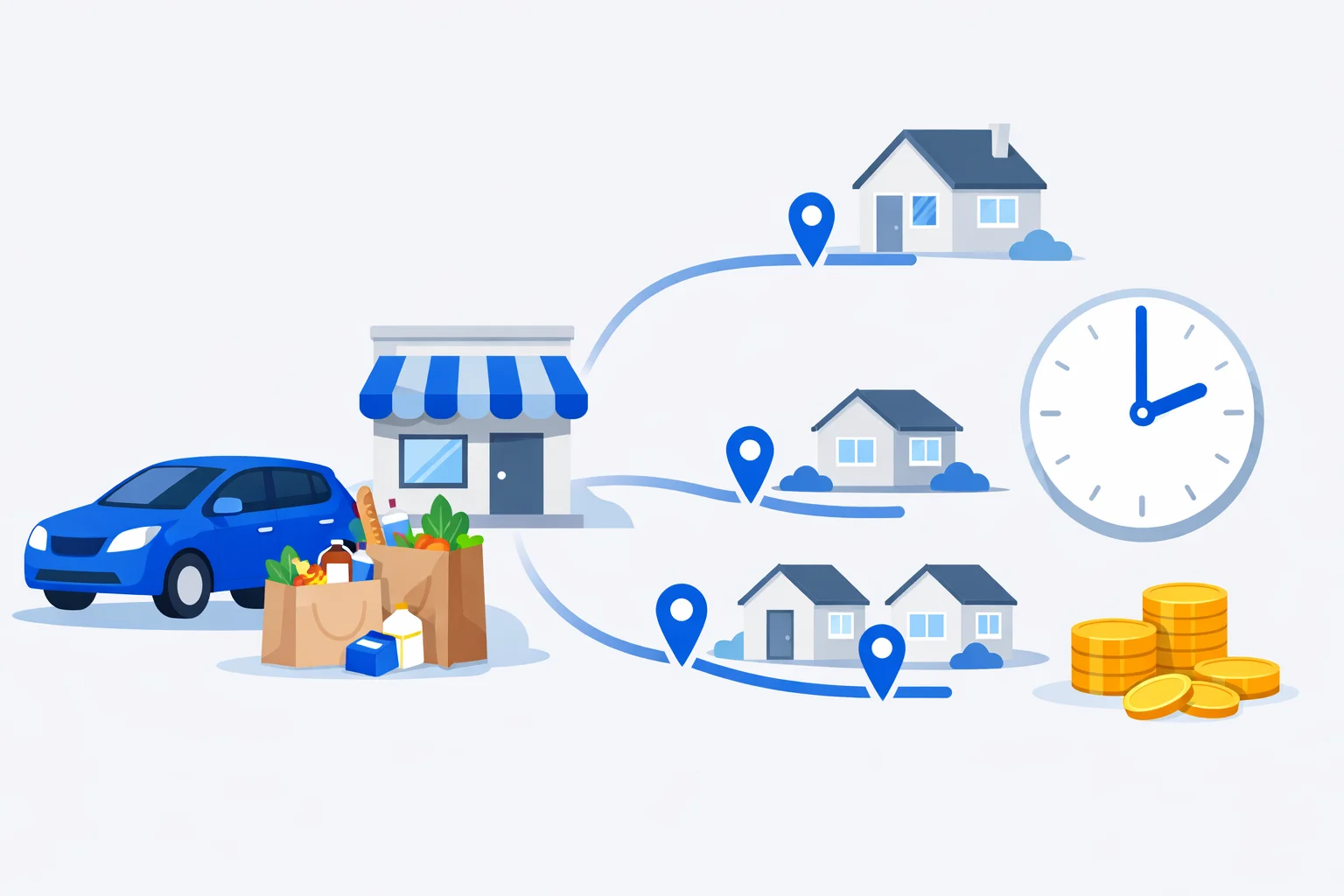 Spark driver pay calculator illustration with grocery delivery routes, a blue car, homes, clock and coins