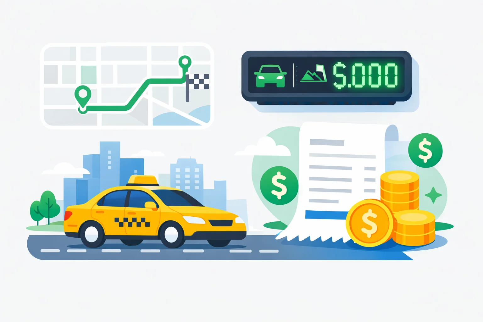 Taxi fare calculator illustration showing a yellow cab, a running meter, a city street map, and a fare receipt
