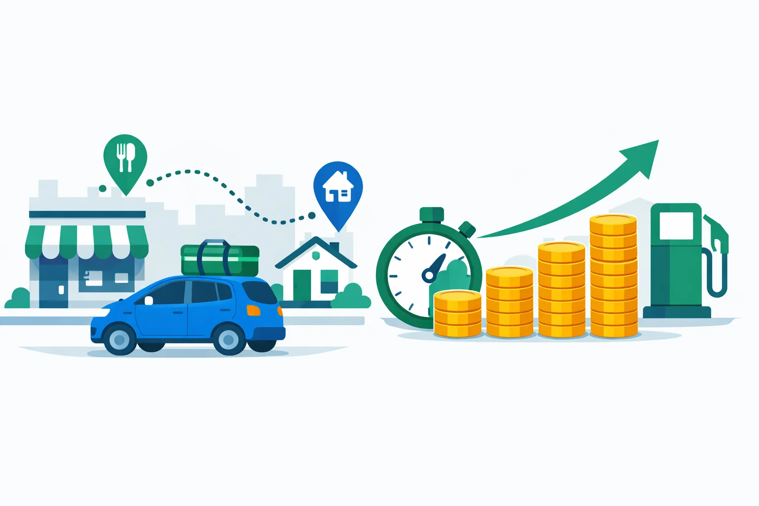 Uber Eats driver pay illustration: delivery car routed from restaurant to home, stacked coins, stopwatch and fuel pump