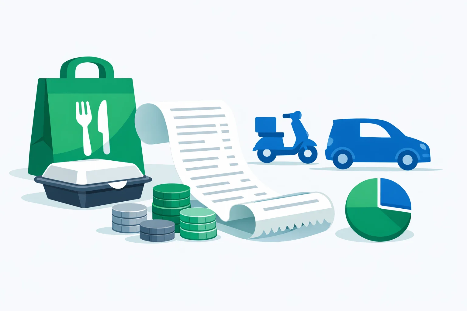 Uber Eats fee calculator illustration showing a food delivery bag, itemized receipt, stacked coins and a delivery scooter